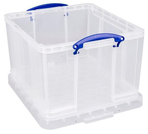 Really Useful Plastic Storage Box 42 Litre Clear, transparent plastic storage container with a blue handle for easy carrying and a secure lid for organization and storage.