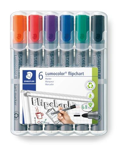 STAEDTLER 356 WP6 Lumocolor Flipchart Markers - Assorted Colours Pack of 1 (6 Count), image showing a set of six vibrant flipchart markers in a clear case with a flipchart drawing.