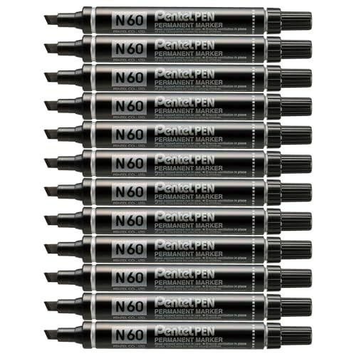 Pentel N60 Permanent Marker Chisel Tip Max.6mm Line Black Ref N60-A [Pack of 12], image of 12 black permanent markers with chisel tips arranged in parallel.