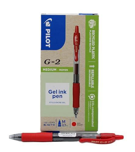 Pilot G207 Retractable Gel Rollerball 0.7 mm Tip (Box of 12) - Red, image showing a box of 12 red gel pens with one pen placed below the box.