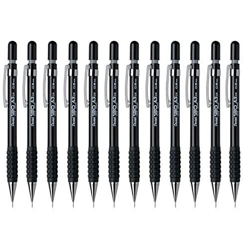 Pentel A300 Automatic Pencil with Rubber Grip and 2 x HB 0.5 mm Lead Black Barrel Ref A315-AX, pack of 12, showing several black and silver mechanical pencils with textured grips.