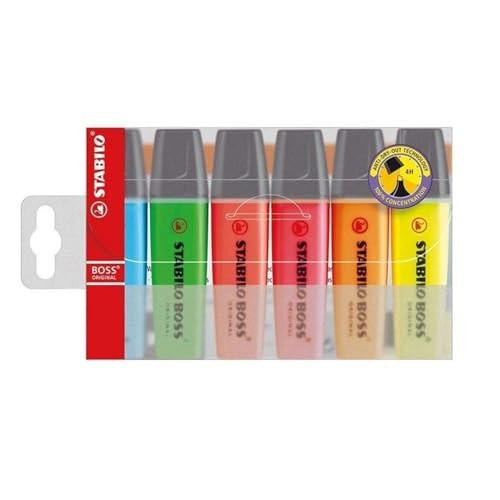 STABILO Highlighter BOSS ORIGINAL - Pack of 6 - Assorted Colours, multi-color highlighters in a transparent plastic case with grey caps on a white background.