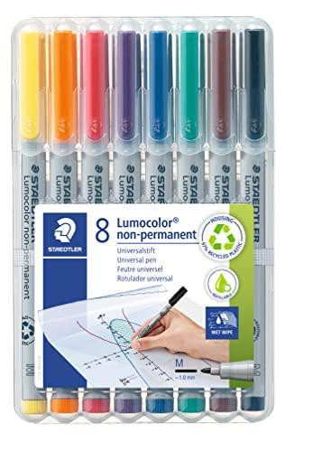 STAEDTLER 315 WP8 Lumocolor Non-Permanent Pen, Medium Line Width, 1.0mm - Assorted Colours (Pack of 8), set of 8 colorful non-permanent markers in transparent caps with white barrels