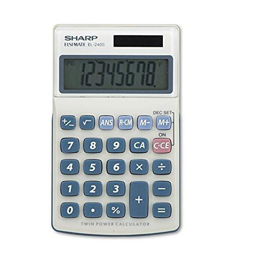 Sharp EL 240SAB Calculator, Grey - Image of a grey calculator with a large digital display showing numbers, scientific and basic function keys, and a solar panel at the top.