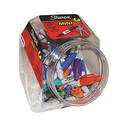Sharpie Mini Permanent Fine Assorted Marker [Canister of 72], A clear plastic canister containing various colorful mini Sharpie markers with fine tips.