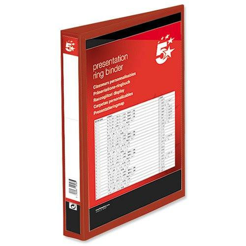 5 Star Presentation Ring Binder PVC 4 D-Ring 38mm Size A4 Red, front view of a pack of 10 red presentation ring binders with clear cover for displaying documents.