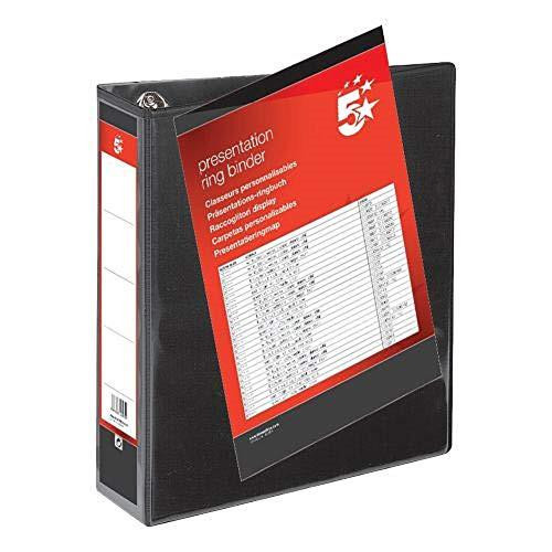 5 Star Presentation Ring Binder PVC 4 D-Ring 65mm Size A4 Black, pack of 10, with a label displaying organization and document storage features.
