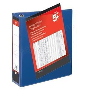 5 Star Presentation Ring Binder PVC 4 D-Ring 65mm Size A4 Blue, blue plastic presentation ring binder with four D-shaped rings and an A4 size capacity, shown with a sheet of paper inside.
