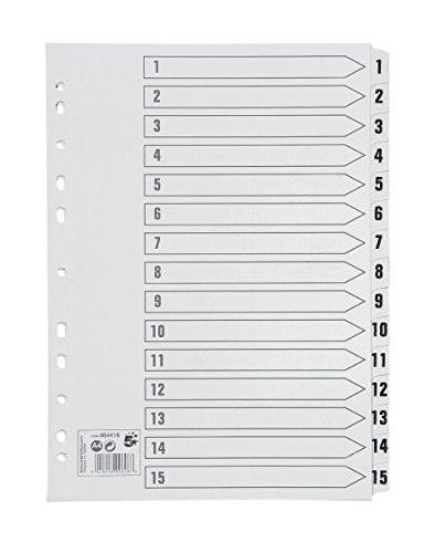 5 Star Office Index 150gsm Card with Mylar Tabs 1-15 A4 White, white index cards with numbered tabs from 1 to 15 and hole punches for easy organization.