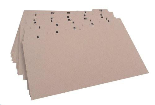 Q-Connect Guide Card 203x127mm A-Z Buff (25 Pack), a set of 25 beige index guide cards with alphabetical indexing for organizing documents.