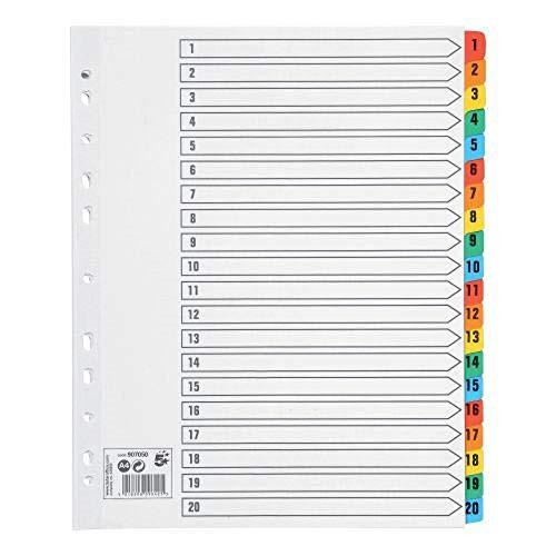 5 Star Maxi Index Extra-wide 230 micron Card with Coloured Mylar Tabs 1-20 A4 White, image showing a white index card with numbered tabs from 1 to 20 in various colors for easy organization.
