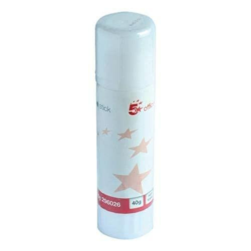 5 Star Office Glue Stick Solid Washable Non-toxic Large 40g, white glue stick with red and beige star design for school and craft projects.