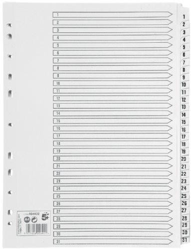 5 Star Index 230 micron Card with Clear Mylar Tabs 1-31 A4 White, image of an index card with numbered tabs from 1 to 31, featuring clear Mylar tabs for organization.