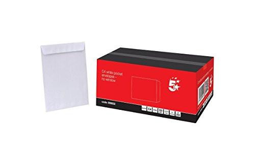 5 Star Envelopes Pocket Peel and Seal 100gsm White C4 Ref, box of 250 envelopes with a close-up of one white peel and seal envelope.