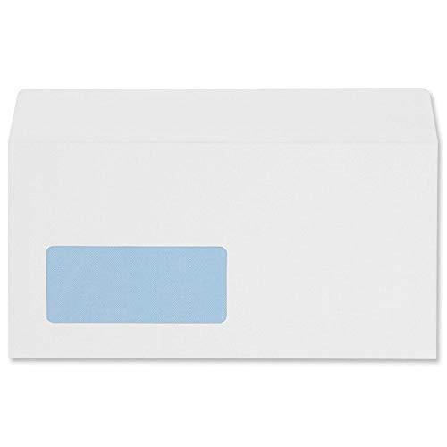 5 Star Office Envelopes Wallet Peel and Seal Window 100gsm White DL - Ref (Pack 500), white envelope with a blue window for address visibility.