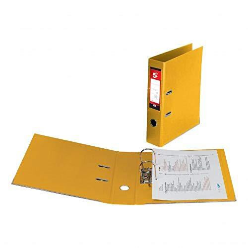 5 Star Office Lever Arch File Polypropylene Capacity 70mm A4 Yellow, open and closed yellow lever arch files with papers inside and a pack of 10 for office organization.