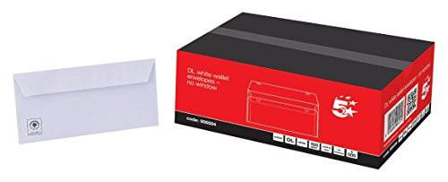 5 Star Envelopes Wallet Peel and Seal 100gsm White DL Ref Pack of 500, white DL envelope with peel-and-seal closure next to packaging box.