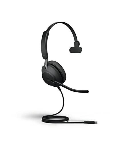 Jabra Evolve2 40 PC Headset, noise-canceling UC certified mono headphones with 3-microphone call technology, USB-C cable, in black color.
