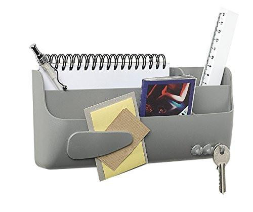 Bi-Office Bi-Silque SM010102 Magnetic Smart Accessory Box - Grey, a grey magnetic storage box with various stationery items including a ruler, notebook, and keys.