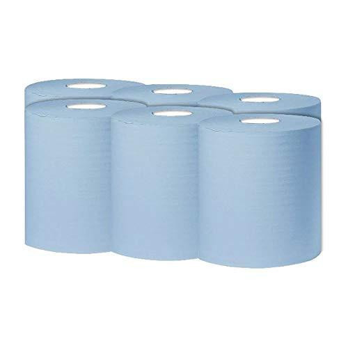 2Work 1-Ply Centrefeed Roll 300m Blue, pack of 6 industrial paper rolls for cleaning and wiping tasks.