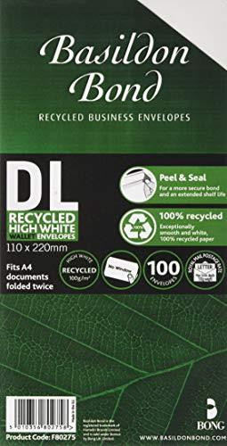 Basildon Bond Envelopes DL White wrapped Pk100, packaging featuring green leaf design and product information, including size 110 x 220mm and recycled content.