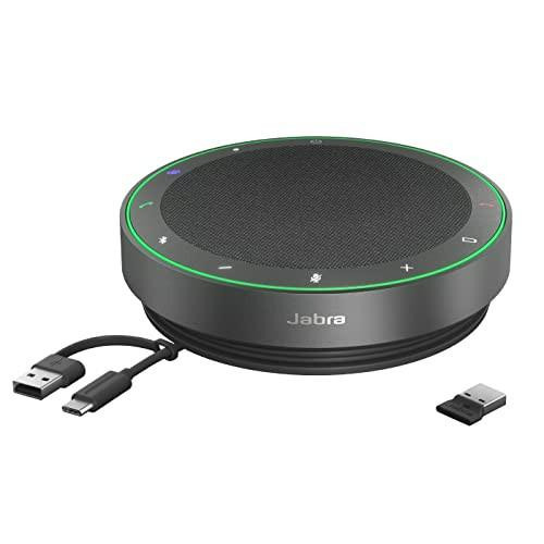 Jabra Speak2 75 Wireless Bluetooth Speakerphone with USB-A Bluetooth Adapter, 4 Noise-cancelling Microphones, Full-range 65mm Speaker, MS Teams Certified, Works with Other Platforms, Dark Grey - Portable conference speaker with touch controls and LED indicator ring.
