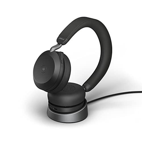 Jabra Evolve2 75 Wireless PC Headset with Charging Dock and 8-Mic Technology - Black, over-ear dual foam stereo headphones with active noise cancellation and USB-A Bluetooth adapter for UC compatibility.