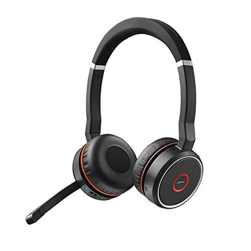 Jabra Evolve 75 SE Wireless Stereo Headset, black over-ear Bluetooth headset with noise-cancelling microphone and active noise cancellation, featuring a flexible boom arm microphone and cushioned ear cups.