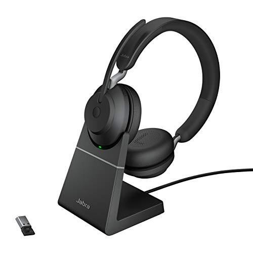 Jabra Evolve2 65 Wireless PC Headset with Charging Stand, noise cancelling stereo headphones with USB-A Bluetooth adapter in black, featuring long-lasting battery and UC certification.