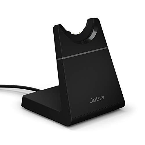 Jabra Evolve2 65 Desk Stand USB-A Headset Charging Stand Black, a black headset charging station with a modern ergonomic design for Jabra headsets.