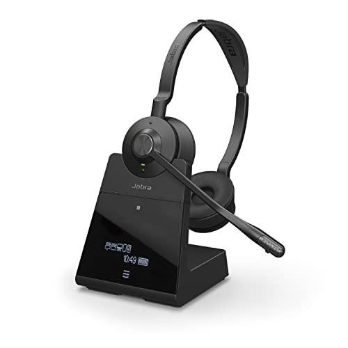 Jabra Engage 75 Stereo Wireless Headset, black over-ear headset with microphone attached to a charging dock.