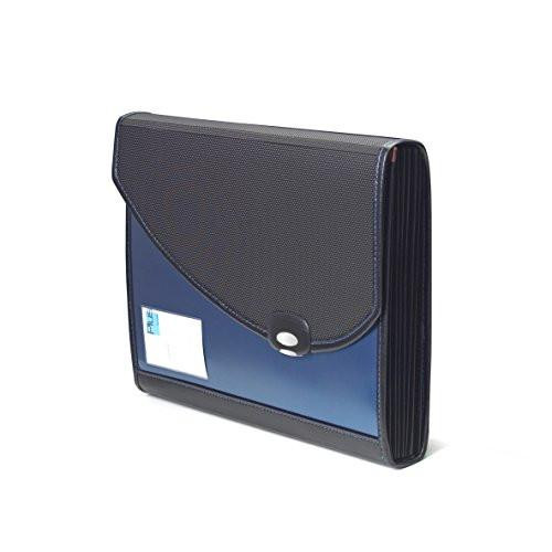 Rapesco 0679 A4+ Designer Expanding File with Handle and 7 Compartments, Dark Blue, shown with multiple compartments and a handle for organizing documents.