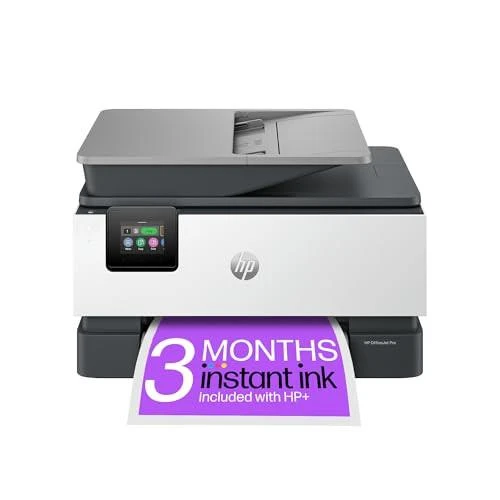 HP OfficeJet Pro 9120e All-in-One Printer, colorful printer with touchscreen display and automatic document feeder, printing a purple sheet displaying 3 months of instant ink offer.