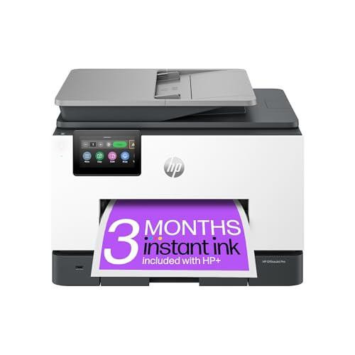 HP OfficeJet Pro 9132e All-in-One Printer, color printer for small office with automatic document feeder, two trays, 3 months instant ink included, easy setup, up to 3 years warranty, featuring a sleek design with touchscreen display.
