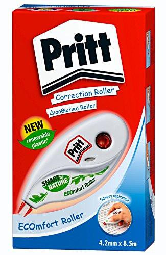 Pritt Ecomfort Roller, correction roller in a red and white box with product details and a small image demonstrating its use.