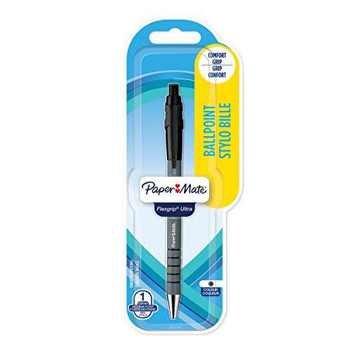 Paper Mate Flexgrip Ultra Retractable Ballpoint Pen, image of a black retractable ballpoint pen with medium 1.0 mm point on blue and yellow packaging.