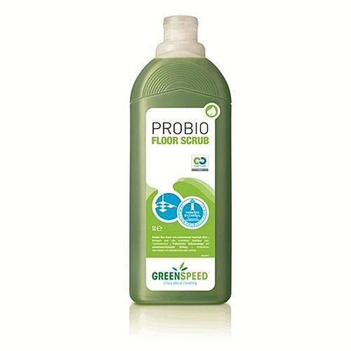 Greenspeed Probio Floor Scrub - Probiotic Floor Cleaner for Daily Use - 1 Litre, green plastic bottle with label showing cleaning effectiveness and eco-friendly features.