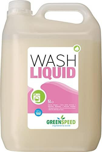 Greenspeed Laundry Liquid - 5Ltr, a large white plastic container with a handle and a white lid, featuring a label with pink, green, and black text and graphics indicating it's a 5-liter laundry detergent.