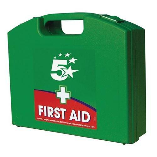 5 Star First Aid Kit HS1 1-10 Person, green portable first aid kit cabinet with white and red medical cross and star logo.