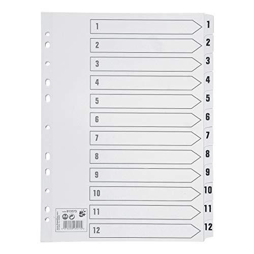 5 Star Index 230 micron Card with Clear Mylar Tabs 1-12 A4 White, a white index card with numbered labels and clear Mylar tab covers for organized document indexing.