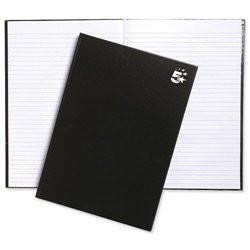 5 Star Notebook Casebound Hard Cover Ruled 80gsm A4 Black, black hardcover notebook with ruled pages, open to show lined paper, pack of 5