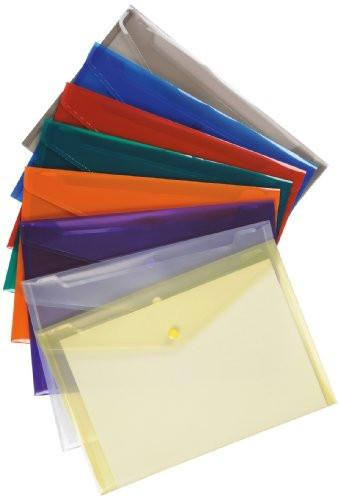 5 Star 908811 Premier Envelope Wallet Polypropylene A4 Translucent Assorted, assortment of colorful transparent envelope wallets in various colors including grey, blue, red, green, orange, purple, and yellow, pack of 25.
