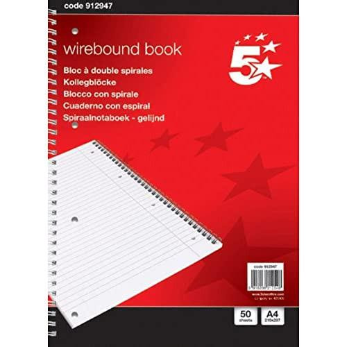 5 Star 912947 Notebook Wirebound 70gsm Ruled and Margin Perforated 50 Sheets, A4, Pack of 10, featuring a red cover with white and black text, and an image of an open ruled notebook page.