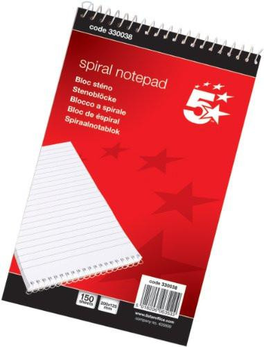 5 Star Office Spiral Notepad Headbound Ruled 300 Pages 127x200mm [Pack 10], red cover with spiral binding and ruled pages, featuring a white lined sheet in the foreground.