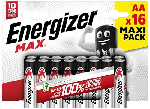 Energizer Max Charger Brand Model CF16 MAX ALK AA CHP16, image of a pack of 16 AA rechargeable batteries with Energizer branding and a cartoon battery mascot.