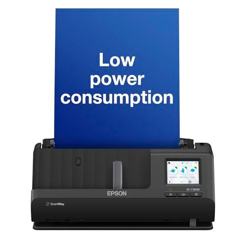 Epson ES-C380W Workforce Ultra-compact Wi-Fi 30ppm Auto Feed, PC-Free Colour Scanner, scanning a document with a message about low power consumption.