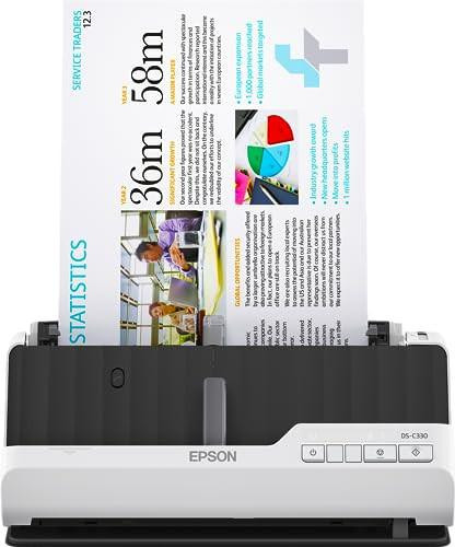 Epson DS-C330 Ultra-compact Desktop USB 30ppm Auto Feed Colour Scanner, front view showing control buttons and paper feed, with a colorful document being scanned.