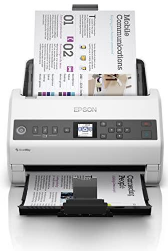 Epson Workforce DS-730N Network Sheetfed Business Scanner - 40PPM - Ethernet & USB, front view with document being scanned into the device.