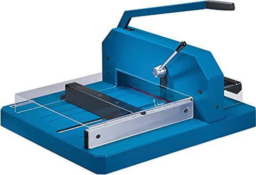 Dahle Heavy Duty Cutter, industrial paper cutting tool with blue and black design featuring a lever handle, cutting blade, and transparent safety guard.
