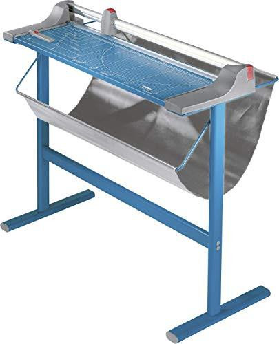 Dahle 448 + 798 Rolling and Cutting Machine + Base Frame, industrial paper cutting and rolling device with blue work surface, stainless steel collection tray, and sturdy blue metal stand.
